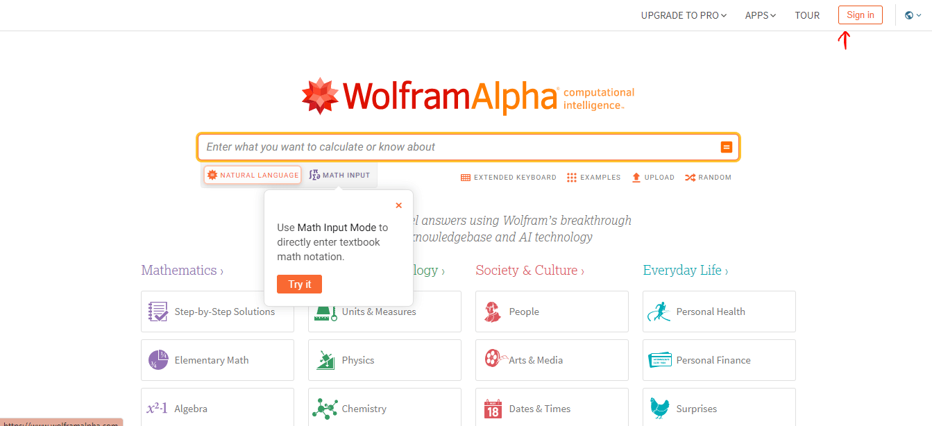 إنشاء حساب على موقع Wolframalpha.com