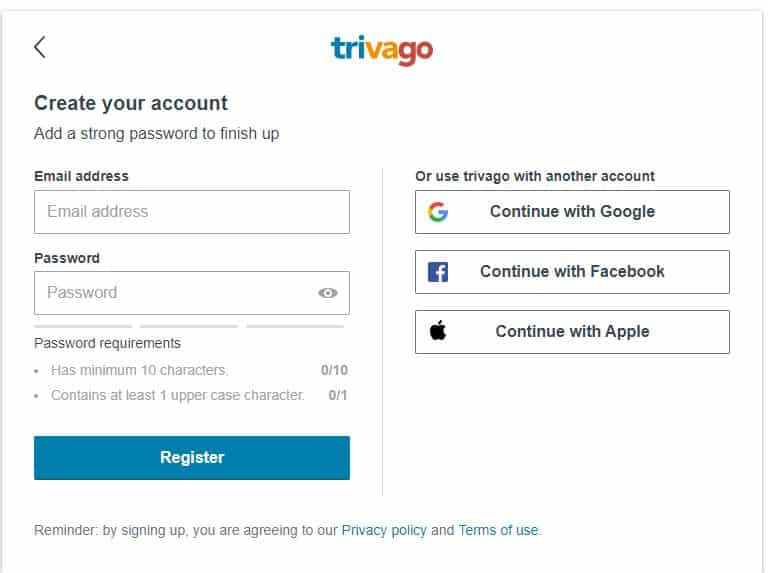 خطوات إنشاء حساب على trivago