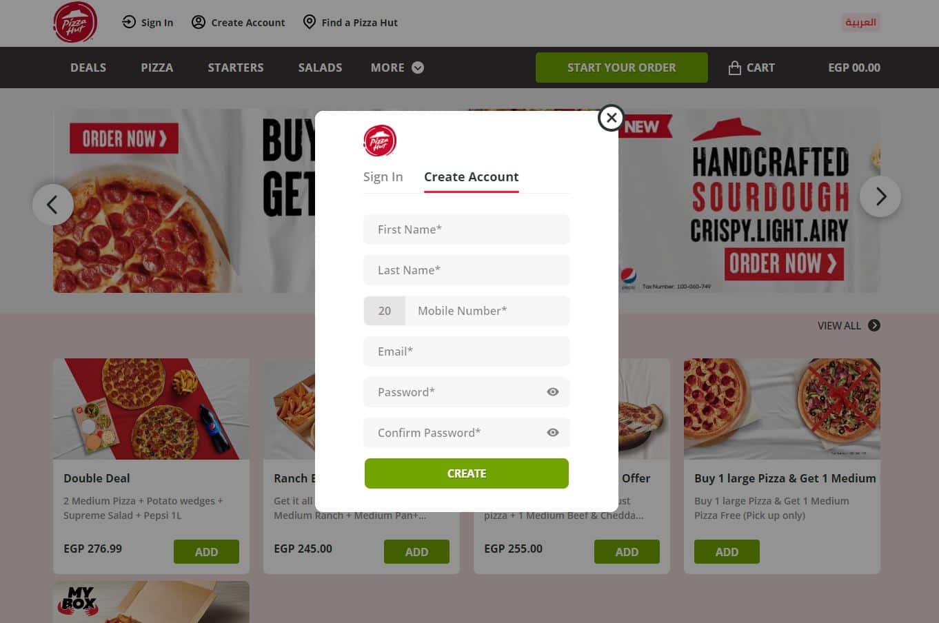 خطوات إنشاء حساب على pizza hut Egypt