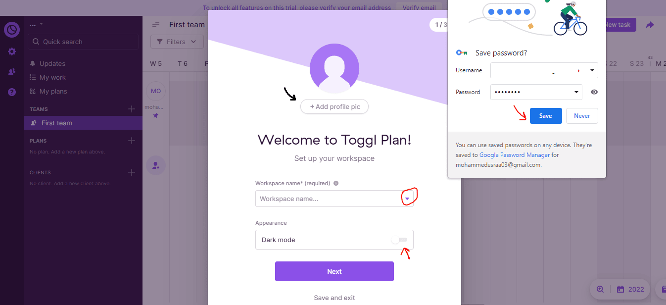 إنشاء حساب على موقع Toggl