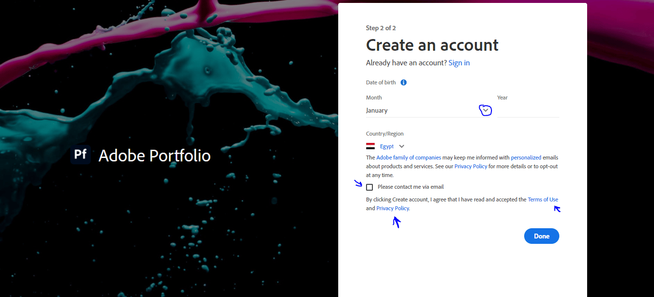 إنشاء حساب على موقع Adobe Portfolio