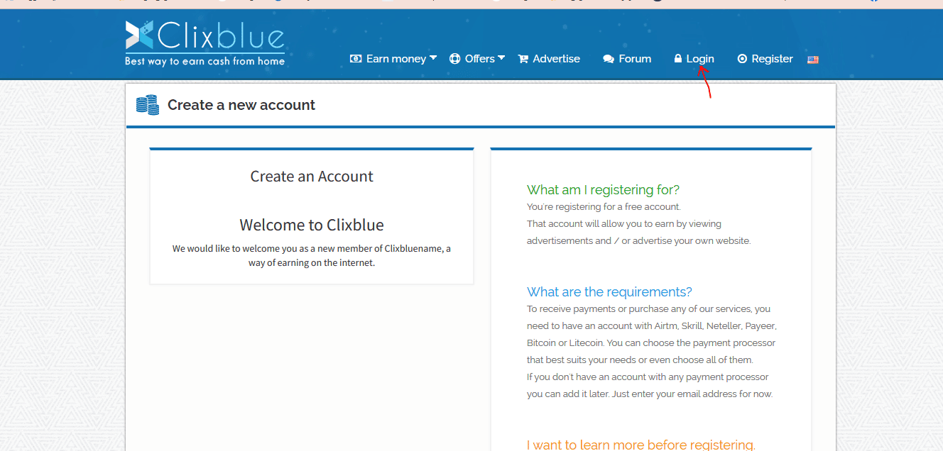 إنشاء حساب على موقع clixblue