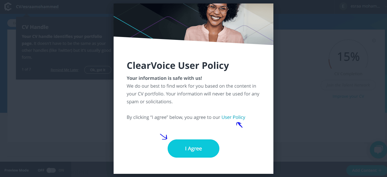 إنشاء حساب على موقع Clear Voice