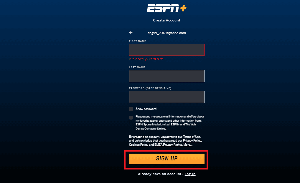 خطوات إنشاء حساب ESPN Plus