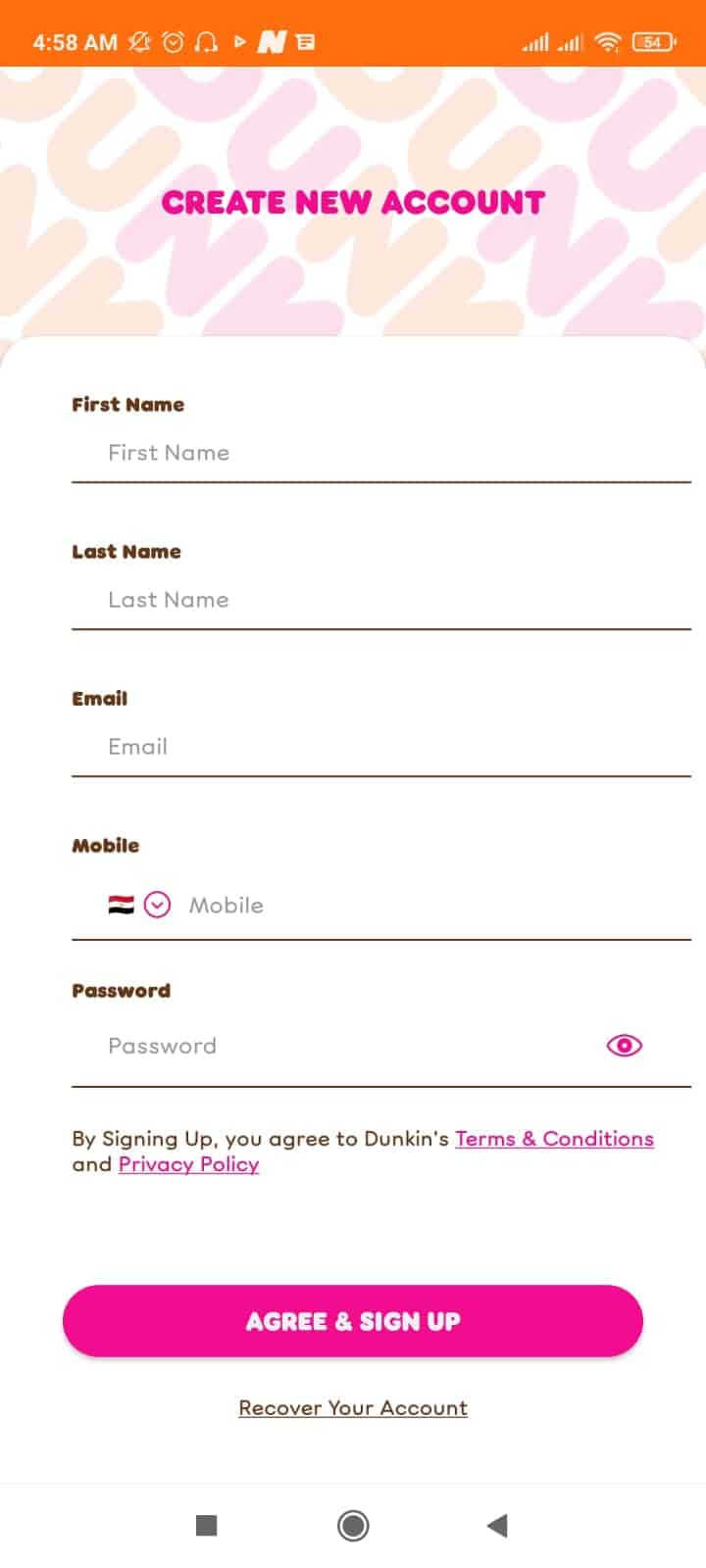 خطوات إنشاء حساب على Dunkin Egypt