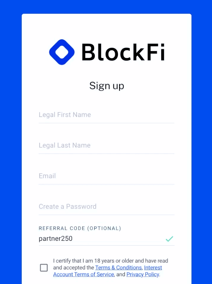 إنشاء حساب BlockFi