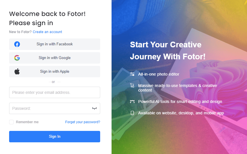 خطوات إنشاء حساب على fotor photo editor