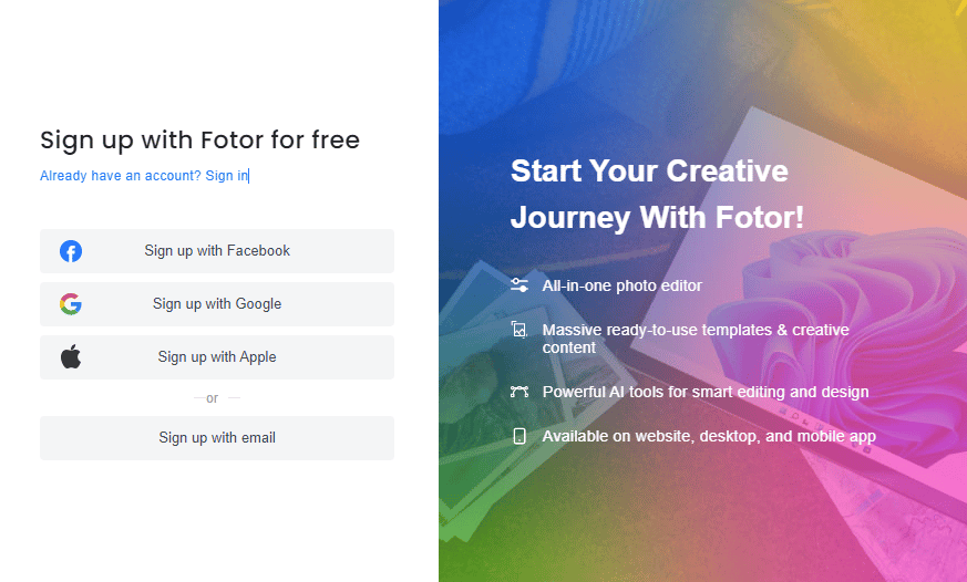 خطوات إنشاء حساب على fotor photo editor