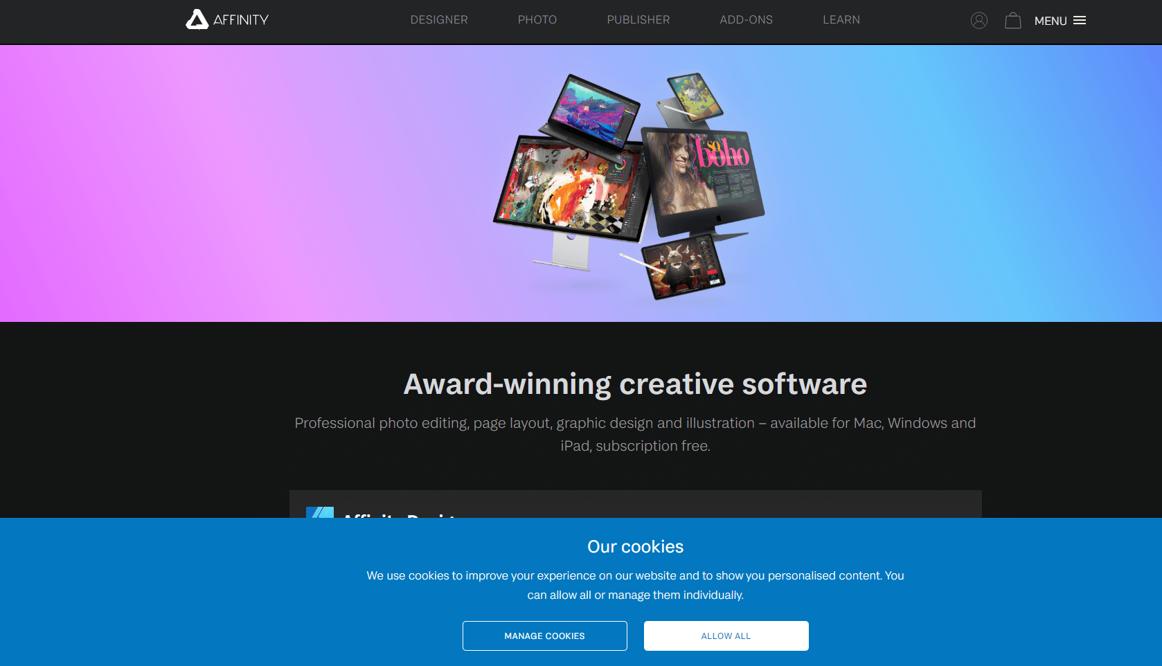 خطوات إنشاء حساب على Affinity photo